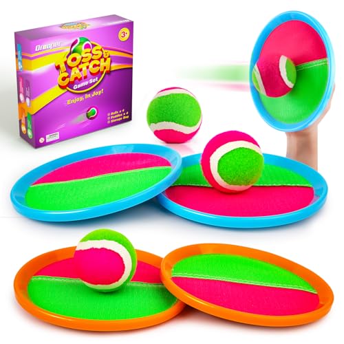 Qrooper Kids Outdoor Toys - Toss and Catch Game Set, Outside Yard Camping Beach Pool Toys Games for Boys Girls 3 4 5 6 7 8 9 10 Year Old, 4 Paddles 4 Balls (Blue+Orange) - Image 1