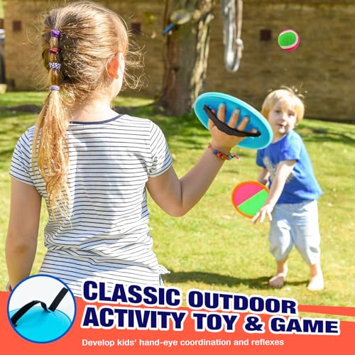 Qrooper Kids Outdoor Toys - Toss and Catch Game Set, Outside Yard Camping Beach Pool Toys Games for Boys Girls 3 4 5 6 7 8 9 10 Year Old, 4 Paddles 4 Balls (Blue+Orange) - Image 3