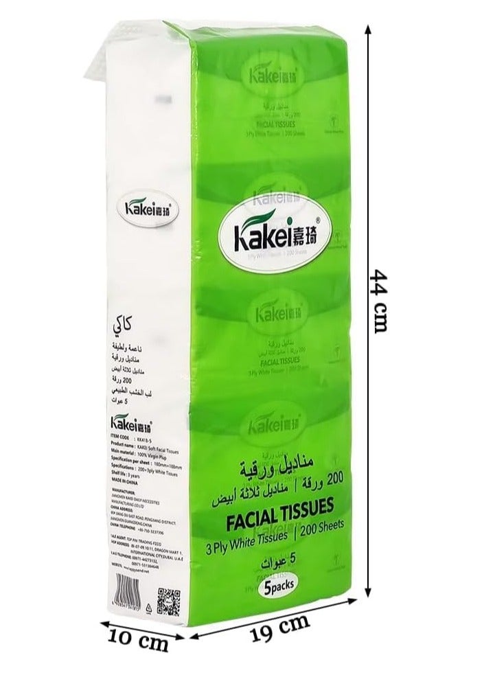 KAKEI 5PCS 3-Ply Facial Tissues, Made from Natural Wood Pulp, Eco-Friendly & Highly Absorbent, Soft yet Durable for Wet & Dry Use, Perfect for Home, Office, Travel, and Restaurants, 200 Sheets (White) - Image 2