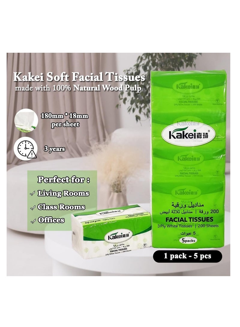 KAKEI 5PCS 3-Ply Facial Tissues, Made from Natural Wood Pulp, Eco-Friendly & Highly Absorbent, Soft yet Durable for Wet & Dry Use, Perfect for Home, Office, Travel, and Restaurants, 200 Sheets (White) - Image 3