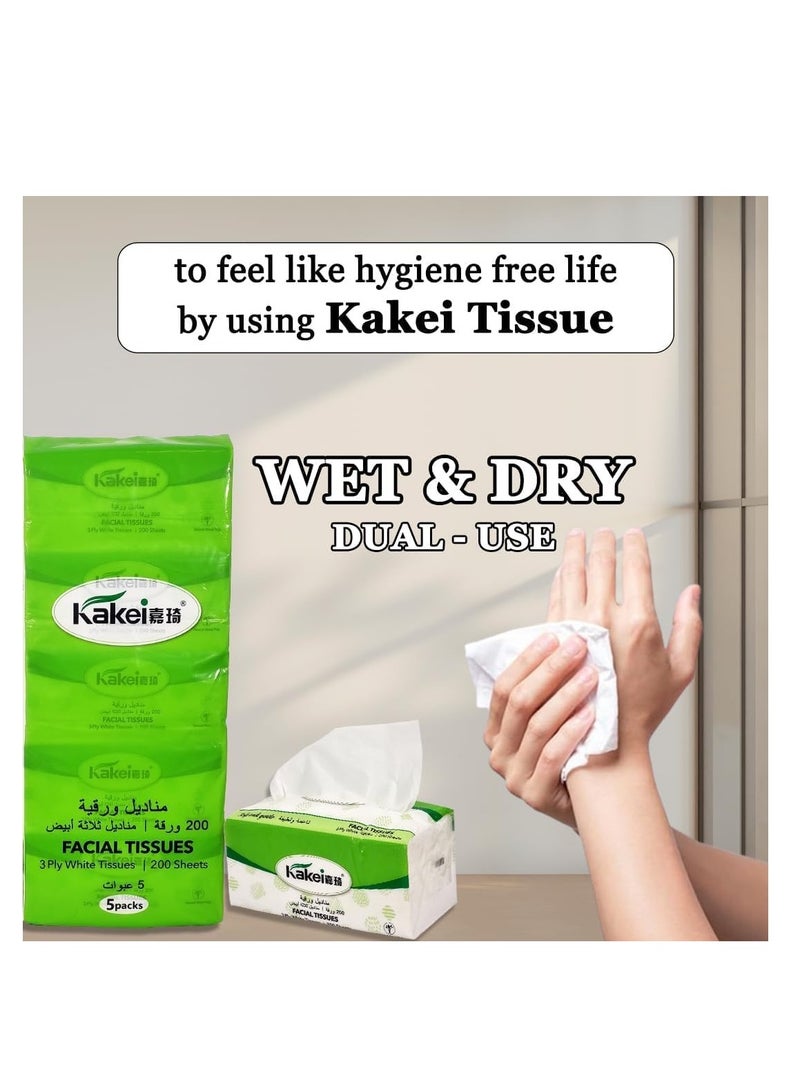 KAKEI 5PCS 3-Ply Facial Tissues, Made from Natural Wood Pulp, Eco-Friendly & Highly Absorbent, Soft yet Durable for Wet & Dry Use, Perfect for Home, Office, Travel, and Restaurants, 200 Sheets (White) - Image 4