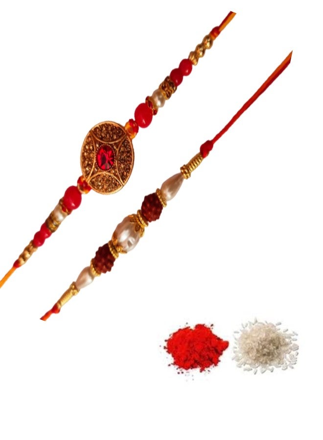 CRAFTOMANIC لؤلؤ فاخر تقليدي، Rudraksh Multi Designer Rakhi للأخ، Raksha Bandhan Rakhi مع Roli TilakPearl Rakhi للرجال والأولاد/مجموعة Dora Rakhi للأخ مع Roli Chawal