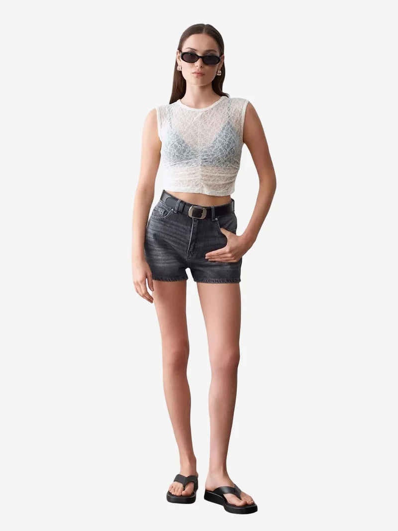 Dilvin DILVIN Sleeveless Lace Ribbed Blouse