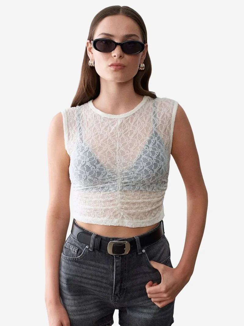 Dilvin DILVIN Sleeveless Lace Ribbed Blouse