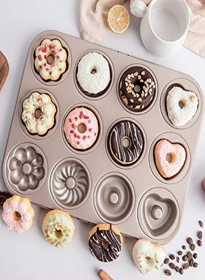 ISHWANKU ISHVANKU Donut Baking Pans, Nonstick 12 Cavity Doughnut Pan, Carbon Steel Donut Mold and Mini Bagel Pan for Baking - Golden Color - Image 1