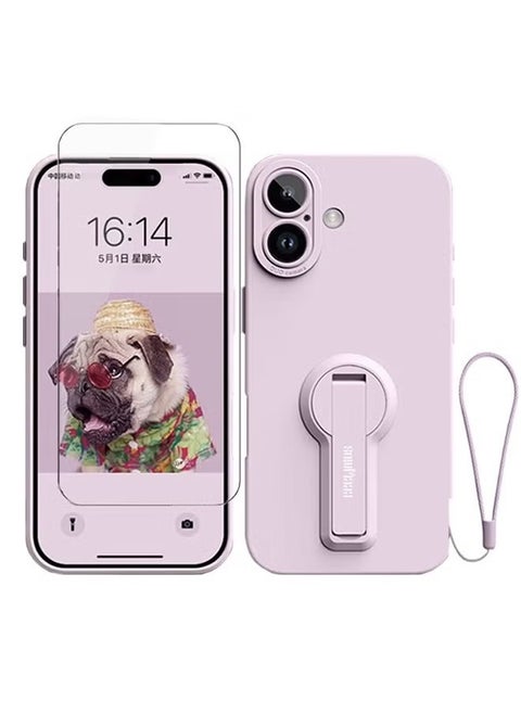 iPhone 16 Plus Case Cover with Screen Protector，Multi-Angle Foldable Stand Liquid Silicone Phone Case with Lanyard, Slim Shockproof Full Coverage Camera Protection, Anti-Scratch and Anti-Rubbing (Light Purple)