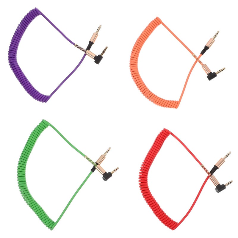 POPETPOP 4pcs Male to Male Coiled Aux Cable with Right Angled Connectors Gold Plated Audio Wire for Car Stereo Phone Tablet Speaker Shielded for Clear Sound Portable Spring Random Color - Image 1