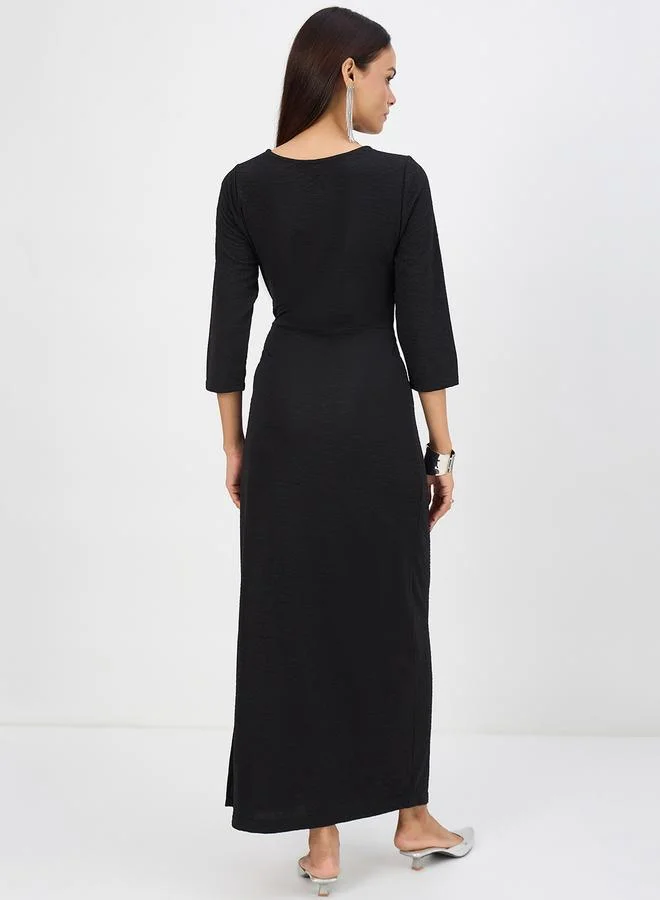 Femmella Women Black Tie-Up Maxi Dress with 3/4 Sleeves