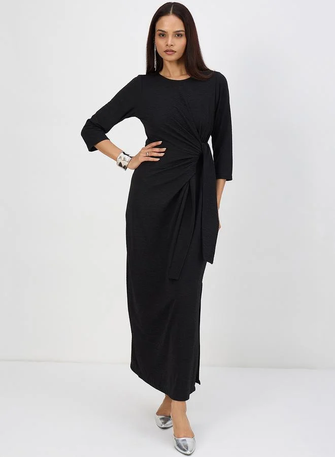 Femmella Women Black Tie-Up Maxi Dress with 3/4 Sleeves