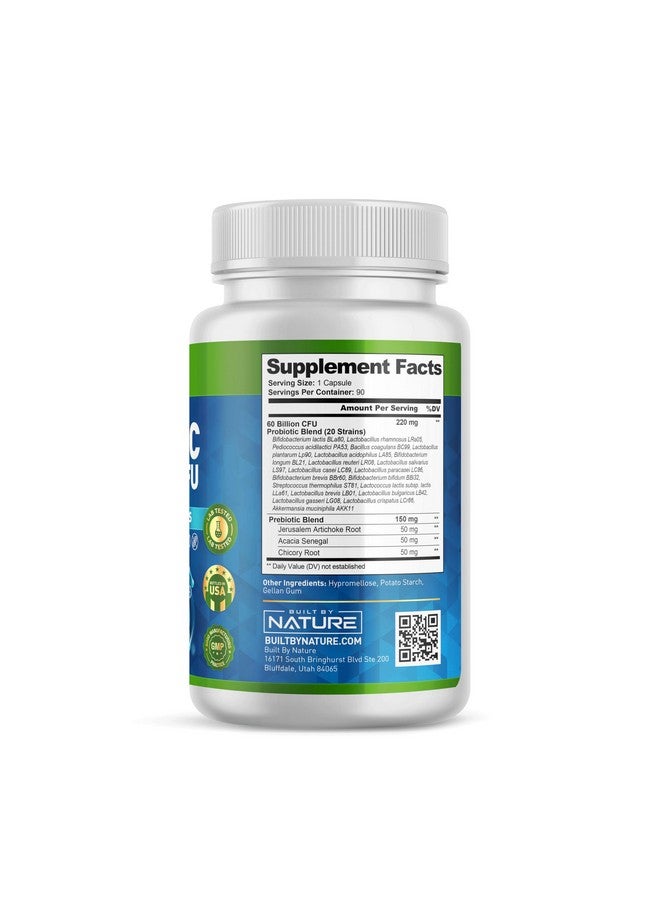 Built by Nature Probiotic 60 Billion CFU - 20 Strains + Prebiotics - Immune & Digestive Support - for Women & Men - Delayed Release Capsules, Shelf Stable - 3 Month Supply - 90 Capsules - Image 2