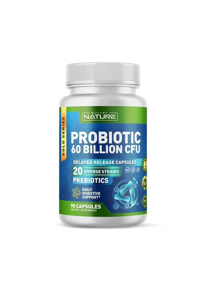Built by Nature Probiotic 60 Billion CFU - 20 Strains + Prebiotics - Immune & Digestive Support - for Women & Men - Delayed Release Capsules, Shelf Stable - 3 Month Supply - 90 Capsules - Image 1