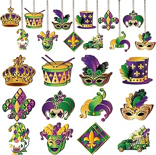 Glenmal 24 Pcs Mardi Gras Wooden Hanging Ornaments Mardi Gras Decorations Purple Yellow Green Hanging Ornaments for - Image 1
