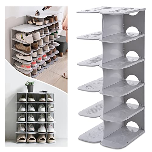 ACPOP 6-Tier Shoe Slots Organizer, Adjustable Vertical Narrow Stackable Shoes Rack for Closet, Free Standing Plastic Shelf Storage Stacker Saving Small Spaces and Entryway,Corner,Doorway,Grey - Image 1