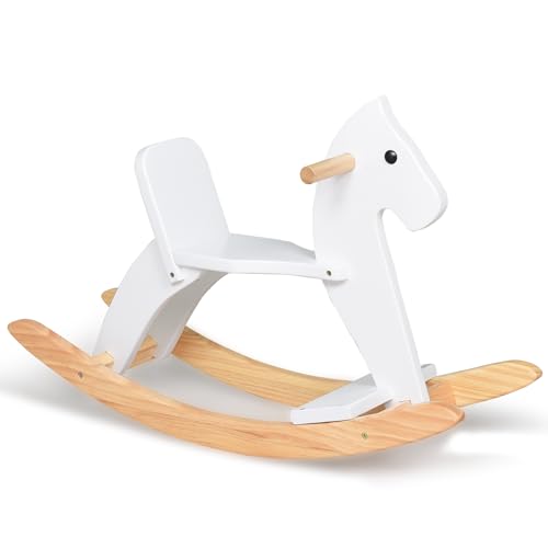 KRAND Wooden Rocking Horse Baby Ride On Toy for Toddlers Solid Wood Classic Design with Comfortable Pedal and Safe Backrest Ideal Gift for Kids Classic White - Image 1