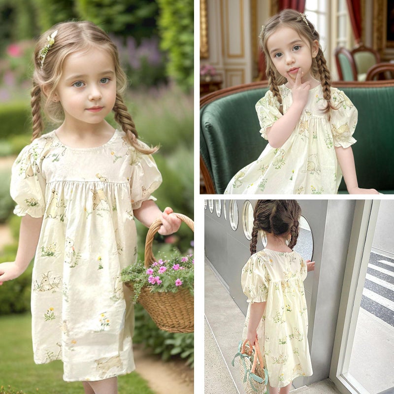 Simplee kids Girls Short Puff Sleeve Dress Toddler Dress Lace Easter Dress for Spring 6T Bunny Floral - Image 2