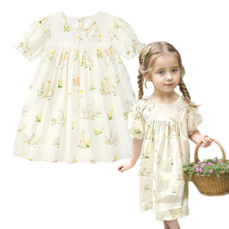 Simplee kids Girls Short Puff Sleeve Dress Toddler Dress Lace Easter Dress for Spring 6T Bunny Floral - Image 1