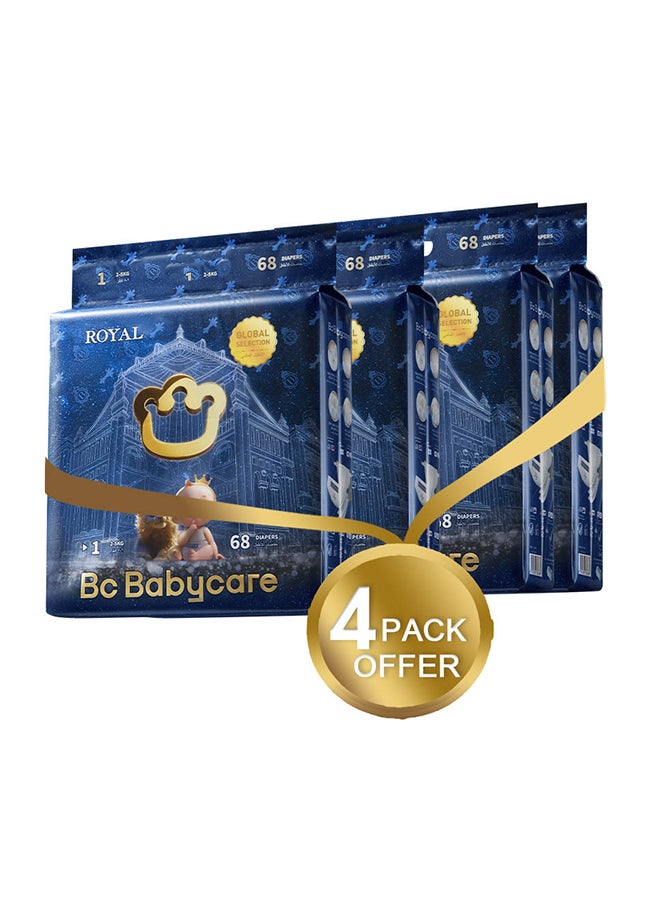 Babycare Babycare - Royal Baby Diapers, Size 1 (2–5 Kg), Super Mega Pack of 4 (272 Pieces), BPA-Free, Non-Toxic, Hypoallergenic, Soft and Breathable, Gentle on Newborn Skin, Leak-Proof, Ultra-Absorbent, Secure Fit, Lightweight Design, Ideal for Newborns, Comfortable Day and Night Use, Dermatologist-Tested, Easy to Change  - Image 1