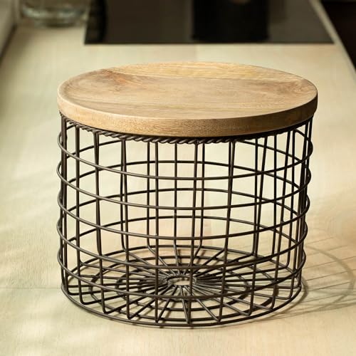 Ellementry Round Twine Metal Wire Kitchen Vegetable Storage Basket With Wooden Lid, Fruit Basket For Pantry, Countertop Multi-Functional Fruit & Vegetable Organizer For Home & Kitchen Décor - Image 3