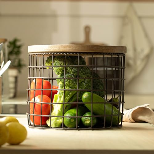 Ellementry Round Twine Metal Wire Kitchen Vegetable Storage Basket With Wooden Lid, Fruit Basket For Pantry, Countertop Multi-Functional Fruit & Vegetable Organizer For Home & Kitchen Décor - Image 1