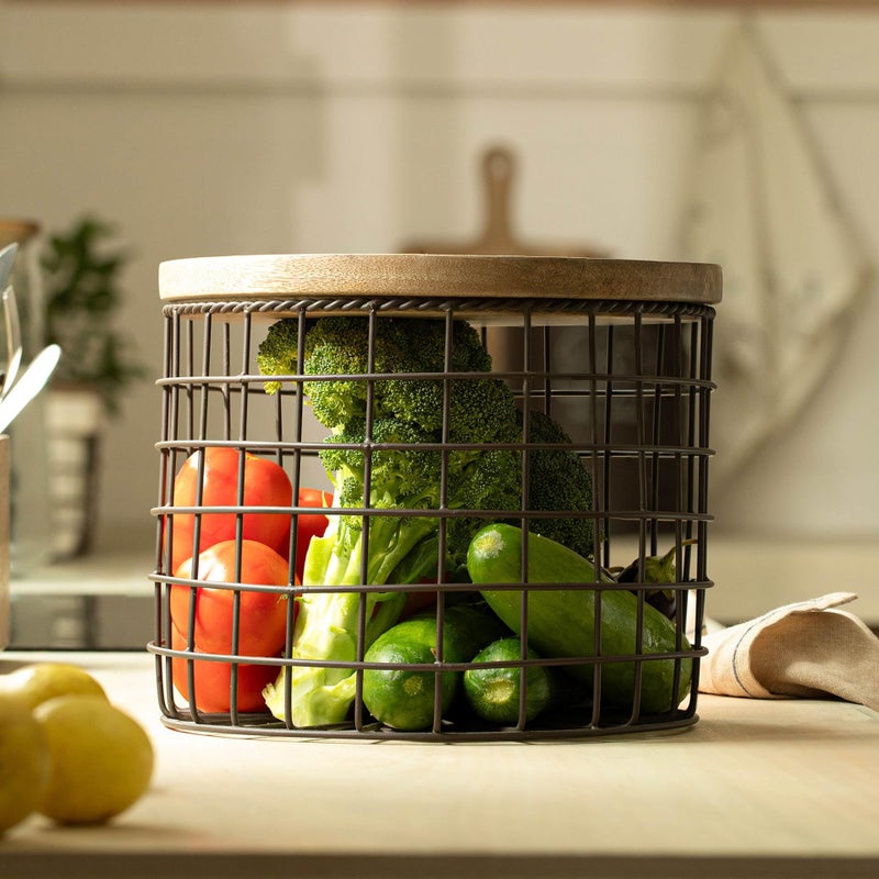 Ellementry Round Twine Metal Wire Kitchen Vegetable Storage Basket With Wooden Lid, Fruit Basket For Pantry, Countertop Multi-Functional Fruit & Vegetable Organizer For Home & Kitchen Décor - Image 4