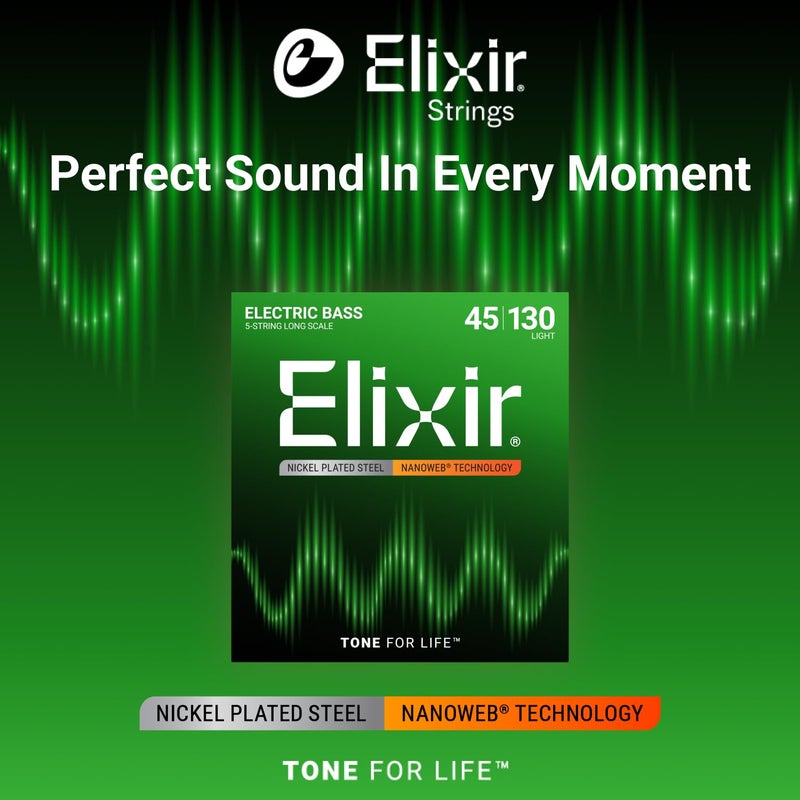 ELIXIR أوتار إلكسير مصنوعة من الفولاذ المطلي بالنيكل 5 أوتار بيز مع طلاء NANOWEB، طول طويل، خفيف (.045-.130) - Image 2