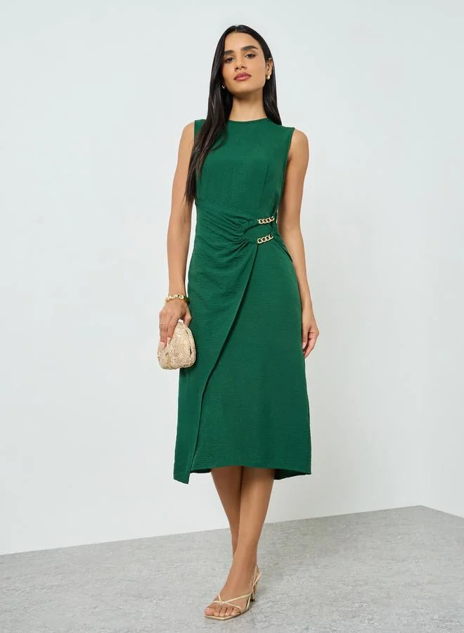 Take Two Green Dark Green  Wrap Front Chain Detail Midi Dress for Women | Best Price UAE
