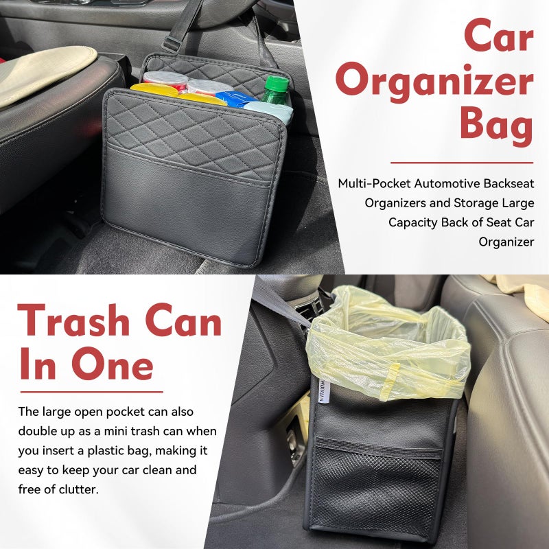 Witaxima Upgrade Car Seat Organizer Backseat with Storage Pockets, Multipurpose Car Organizer Hanging, Car Trash Bag Can,Premium PU Leather Garbage Can 2.14 Gallon Large Capacity, Black. - Image 4