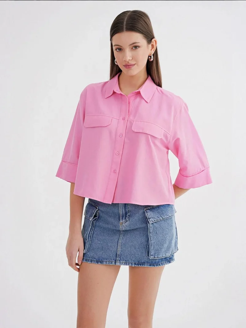 MixRay Powder Pink Mixray Short Sleeve Crop Poplin Shirt for Women | Best Price UAE