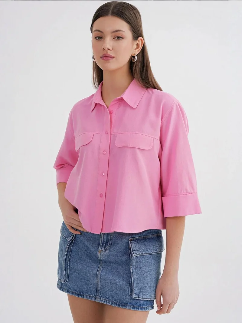 MixRay Powder Pink Mixray Short Sleeve Crop Poplin Shirt for Women | Best Price UAE