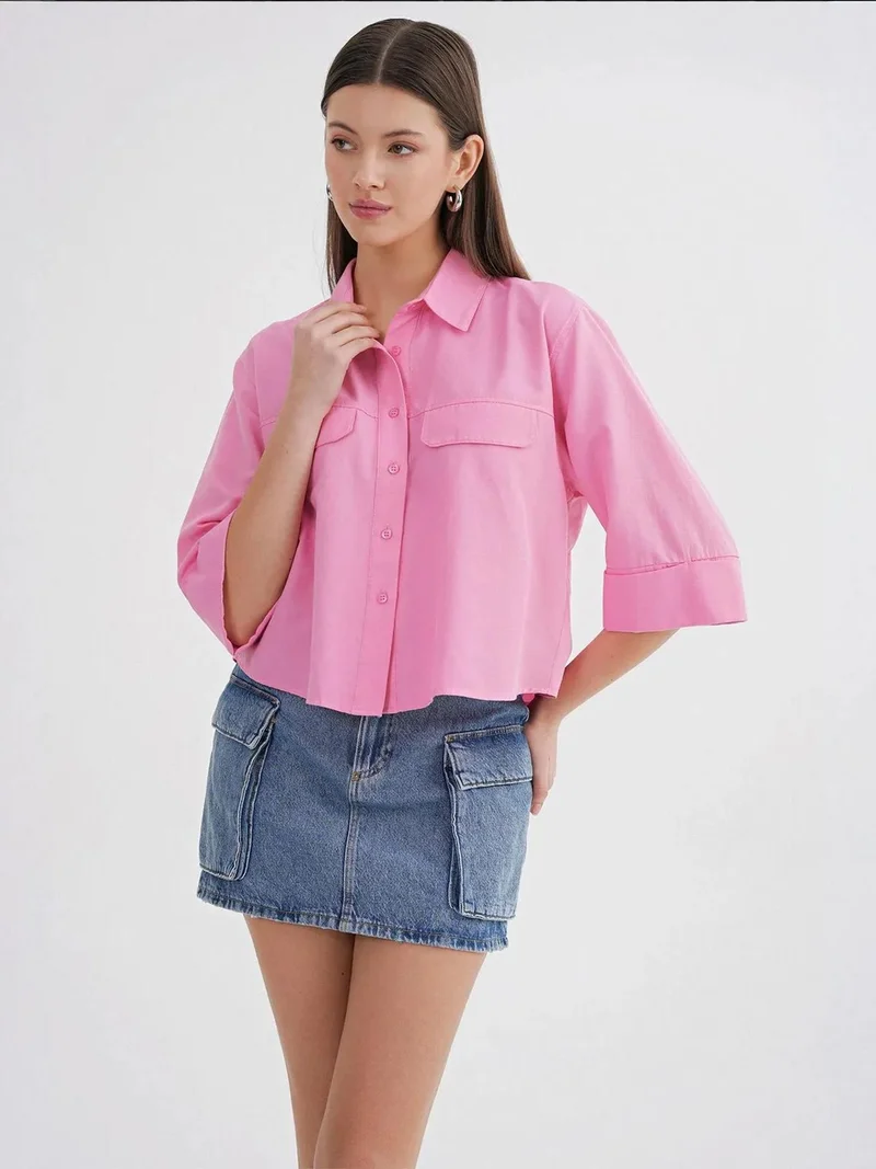 MixRay Powder Pink Mixray Short Sleeve Crop Poplin Shirt for Women | Best Price UAE
