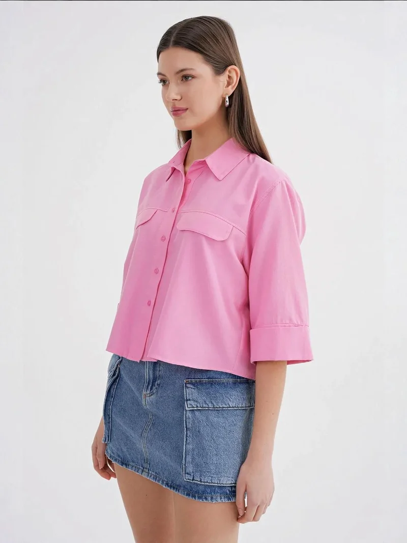 MixRay Powder Pink Mixray Short Sleeve Crop Poplin Shirt for Women | Best Price UAE