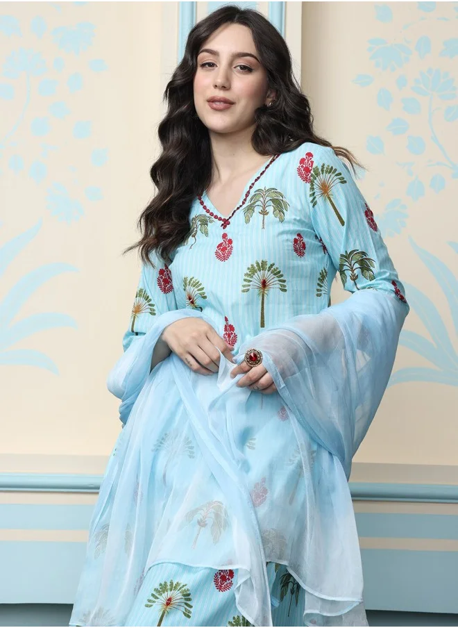 ISHIN Straight Fit Printed Pattern Round Neck Three-Quarter Sleeves Blue Colour Woven Cotton Kurta Set for Women with Semi Elastic Closure - Crafted for Elegance and Ease