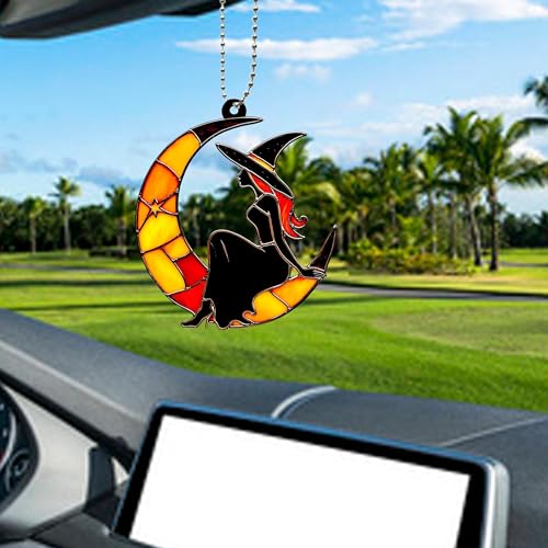 LDJRSY Moon Witch Car Hanging Ornament Cute Rear View Mirror Decoration Mirror Charm Car Interior Decorations for Girls and Women A Gift for Goth Lovers (Colour Moon Witch) - Image 3