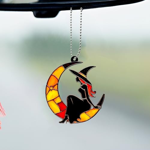 LDJRSY Moon Witch Car Hanging Ornament Cute Rear View Mirror Decoration Mirror Charm Car Interior Decorations for Girls and Women A Gift for Goth Lovers (Colour Moon Witch) - Image 1