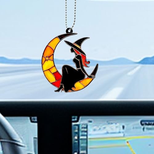 LDJRSY Moon Witch Car Hanging Ornament Cute Rear View Mirror Decoration Mirror Charm Car Interior Decorations for Girls and Women A Gift for Goth Lovers (Colour Moon Witch) - Image 4