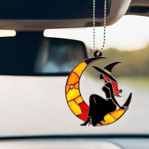 LDJRSY Moon Witch Car Hanging Ornament Cute Rear View Mirror Decoration Mirror Charm Car Interior Decorations for Girls and Women A Gift for Goth Lovers (Colour Moon Witch) - Image 5