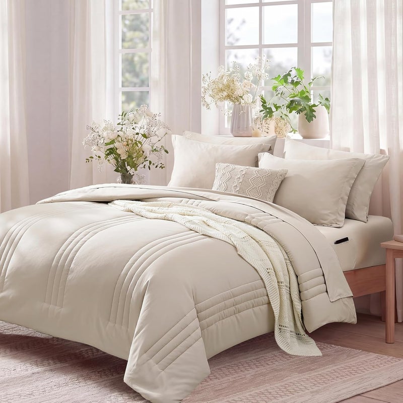 Monbix Oversized Queen Comforter Set - 7 Pieces Apricot Beige Bed in a Bag Queen Bedding Sets with Comforters, All Seasons Down Alternative Comforter Bed Set with Sheets,Pillowcases & Shams - Image 2