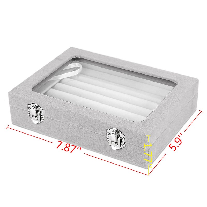 EONGOA Jewelry Box Rings Organizer Tray 7 Slots Velvet Jewelry Earring Storage Box With Transparent Lid Jewelry Display Case for Girls Women (Gray) - Image 2