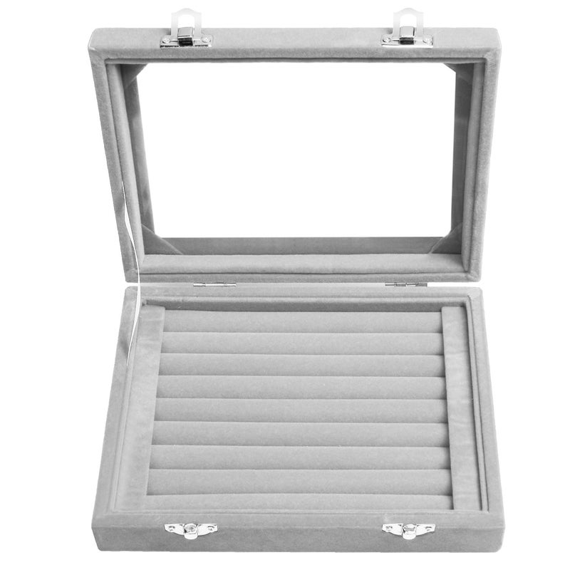 EONGOA Jewelry Box Rings Organizer Tray 7 Slots Velvet Jewelry Earring Storage Box With Transparent Lid Jewelry Display Case for Girls Women (Gray) - Image 3