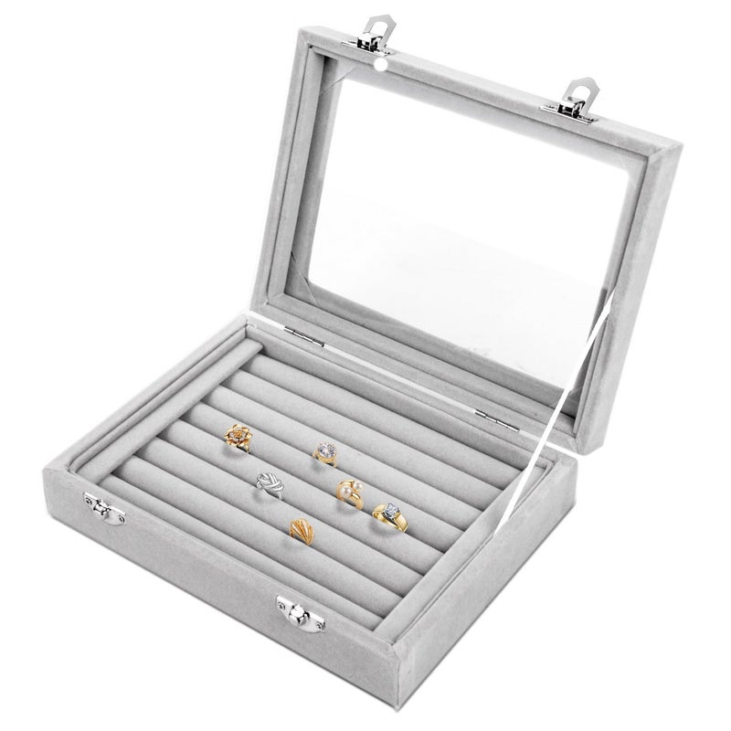 EONGOA Jewelry Box Rings Organizer Tray 7 Slots Velvet Jewelry Earring Storage Box With Transparent Lid Jewelry Display Case for Girls Women (Gray) - Image 1