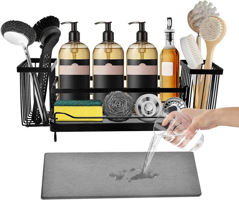 wishfly Sink Organiser with Instant Drying Stone and 2 Brush Holders, Carbon Steel Sink Organiser, Kitchen Sponge Holder, Space Saving Storage Shelf for Bathroom Vanity, Rustproof - Image 1