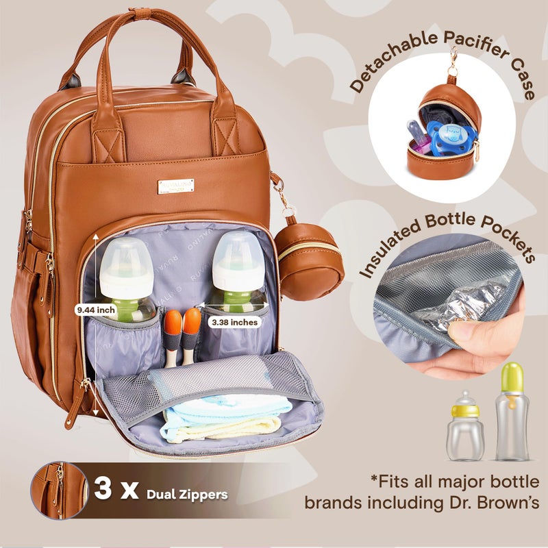 RUVALINO Diaper Bag Backpack, Multifunction Travel Pack Maternity Baby Changing Bags, Large Capacity, Waterproof, Brown - Image 2