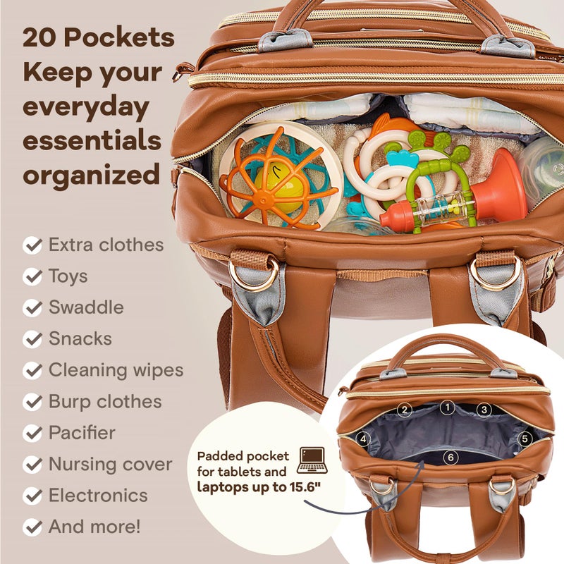 RUVALINO Diaper Bag Backpack, Multifunction Travel Pack Maternity Baby Changing Bags, Large Capacity, Waterproof, Brown - Image 4