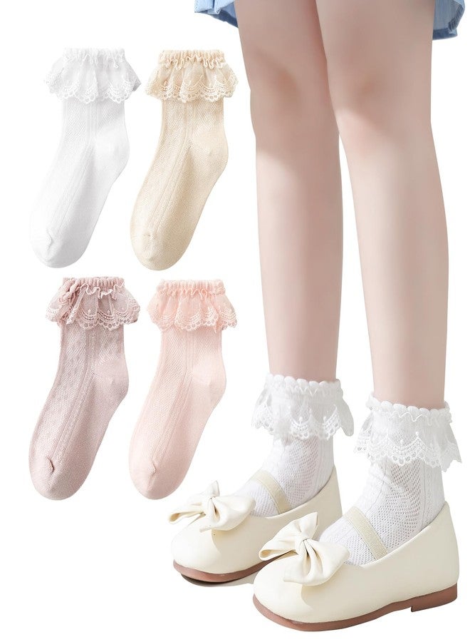 Mini angel Girls Ruffle Socks Eyelet Lace Socks 4 Pairs Mesh Seamless Cotton Princess Frilly Pageant Sock for Kids 3-5 Years (Mix Set, L) - Image 1
