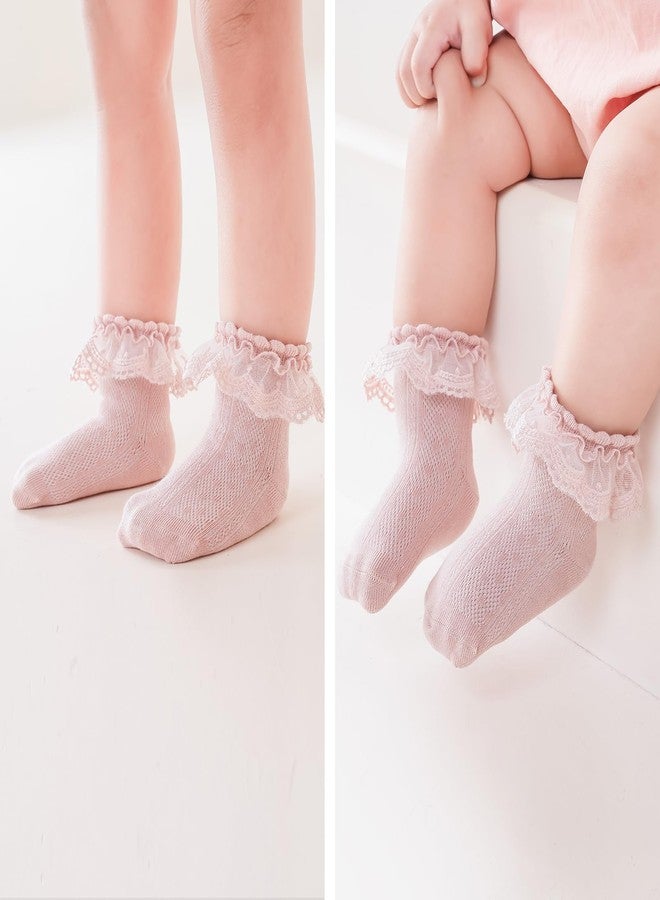 Mini angel Girls Ruffle Socks Eyelet Lace Socks 4 Pairs Mesh Seamless Cotton Princess Frilly Pageant Sock for Kids 3-5 Years (Mix Set, L) - Image 5