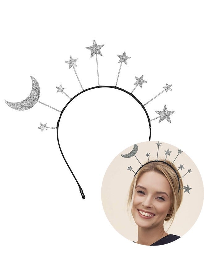 Star Moon Headband Birthday Party Hair Hoop, Birthday Party Headband Crown, Glitter Moon Costume for Headress Accessories, Silver - Image 1