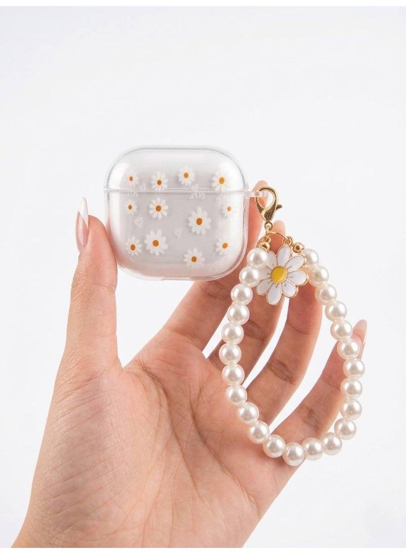 Aura Style Floral Clear Case for AirPods 4 Women - Shockproof Protective Cover with Pearl Keychain - Transparent TPU - Image 1