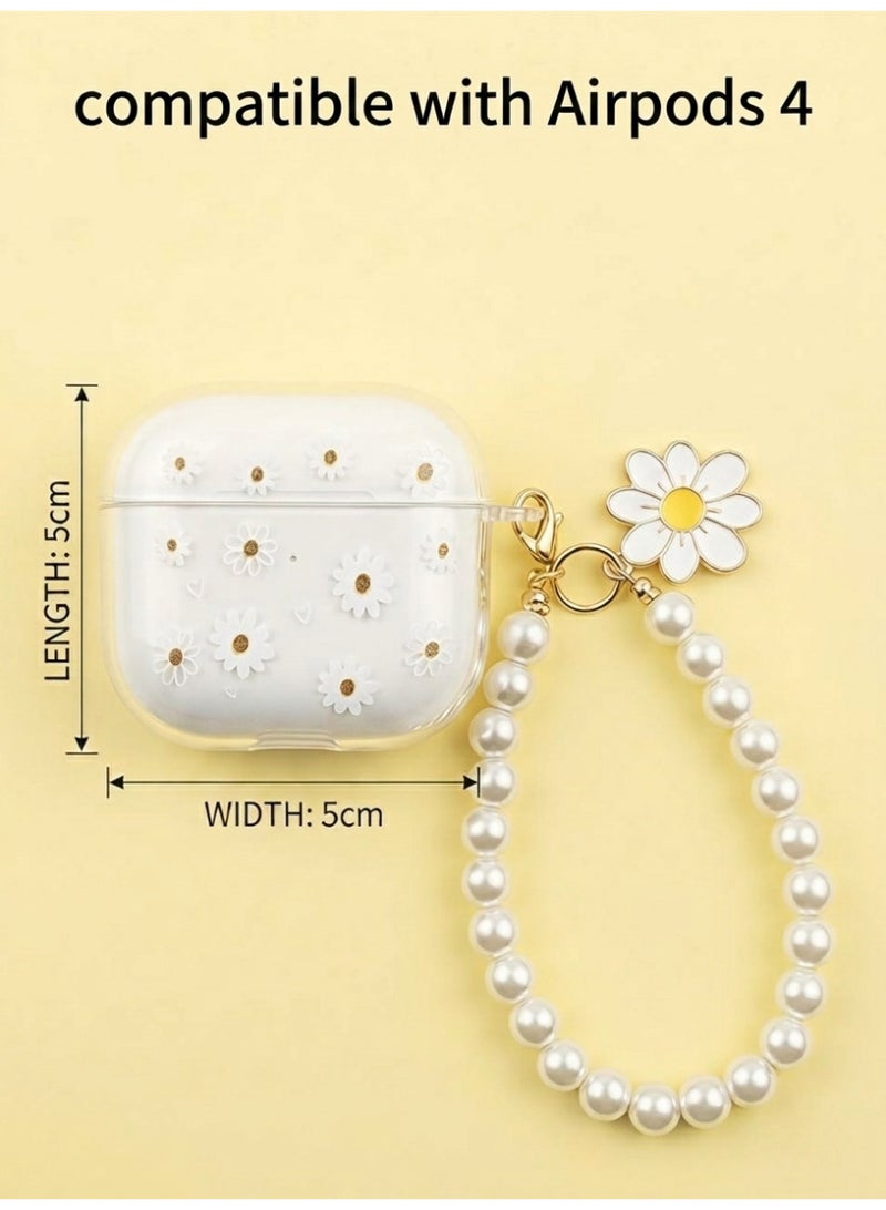 Aura Style Floral Clear Case for AirPods 4 Women - Shockproof Protective Cover with Pearl Keychain - Transparent TPU - Image 4