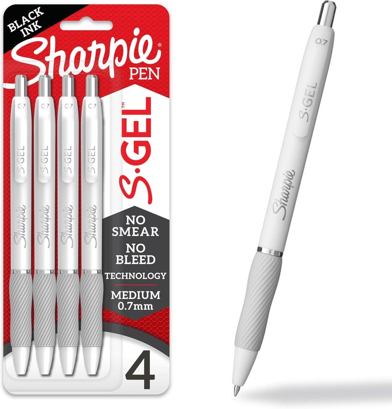 Sharpie أقلام جيلي S، نقطة متوسطة (0.7 مم)، جسم أبيض لؤلؤي، حبر أسود، 4 قطع - مثالية للكتابة، والتدوين، والرسم، والتلوين، وتدوين الملاحظات، ولوازم الكلية - Image 1