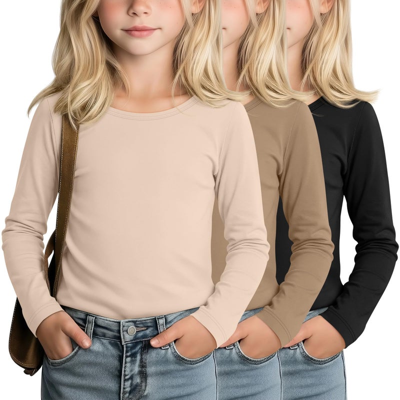 LessonZoo 3 Pack Girls' Long Sleeve Shirts Kids Soft Crew Neck T-Shirts Toddler Basic Loose Fit Layering Casual Tops 2T-14Y(Light Khaki, Khaki, Black,2-3t) - Image 1